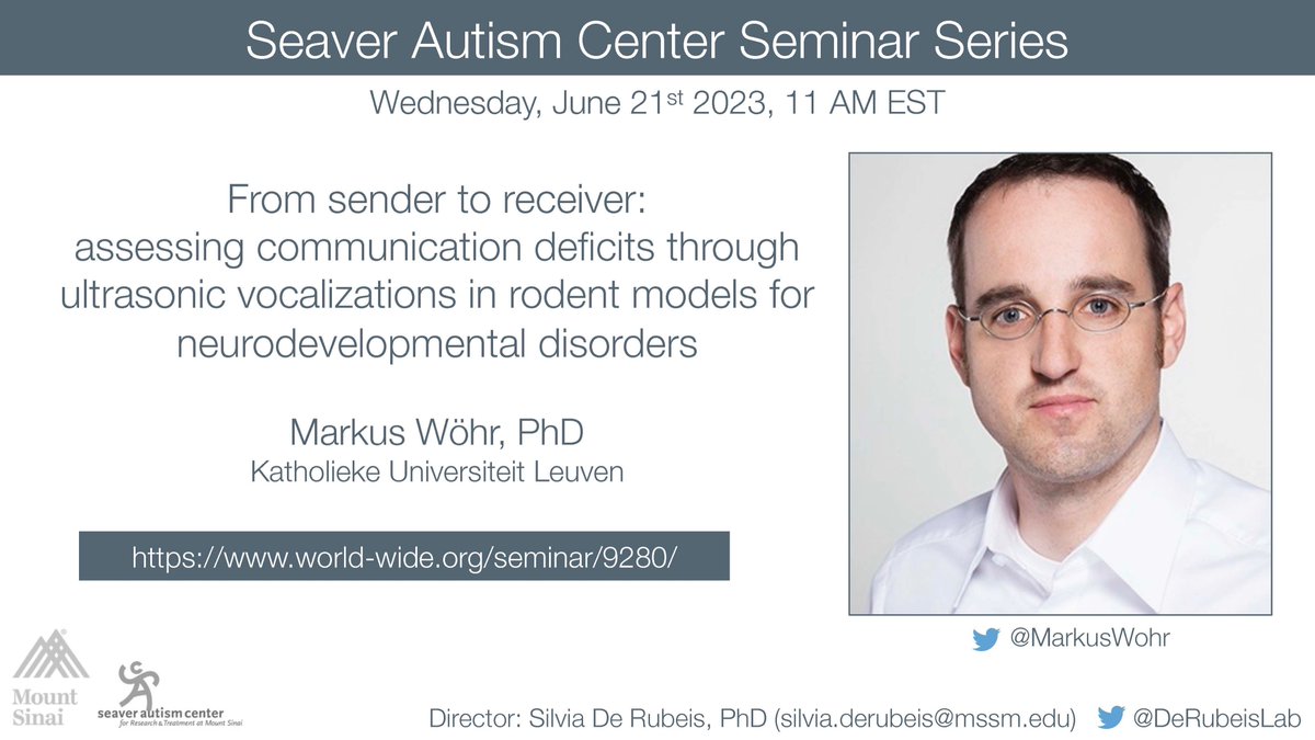 Silvia De Rubeis (@derubeislab) on Twitter photo Last <a href="/SeaverAutism/">Seaver Autism Center</a> seminar before the summer break 🏖️
Join us on <a href="/worldwideneuro/">World Wide Neuro 🧠🗺️</a> on June 21st, 11 AM EST to learn from <a href="/MarkusWohr/">Markus Wöhr</a> on communication in rodent 🐀🐁 models of neurodevelopmental disorders👇🏽
world-wide.org/seminar/9280/
<a href="/KU_Leuven/">KU Leuven</a> <a href="/Uni_MR/">Philipps-Universität</a> <a href="/SinaiBrain/">Friedman Brain Institute</a> <a href="/MountSinaiPsych/">Mount Sinai Psychiatry</a> Last <a href="/SeaverAutism/">Seaver Autism Center</a> seminar before the summer break 🏖️
Join us on <a href="/worldwideneuro/">World Wide Neuro 🧠🗺️</a> on June 21st, 11 AM EST to learn from <a href="/MarkusWohr/">Markus Wöhr</a> on communication in rodent 🐀🐁 models of neurodevelopmental disorders👇🏽
world-wide.org/seminar/9280/
<a href="/KU_Leuven/">KU Leuven</a> <a href="/Uni_MR/">Philipps-Universität</a> <a href="/SinaiBrain/">Friedman Brain Institute</a> <a href="/MountSinaiPsych/">Mount Sinai Psychiatry</a>
