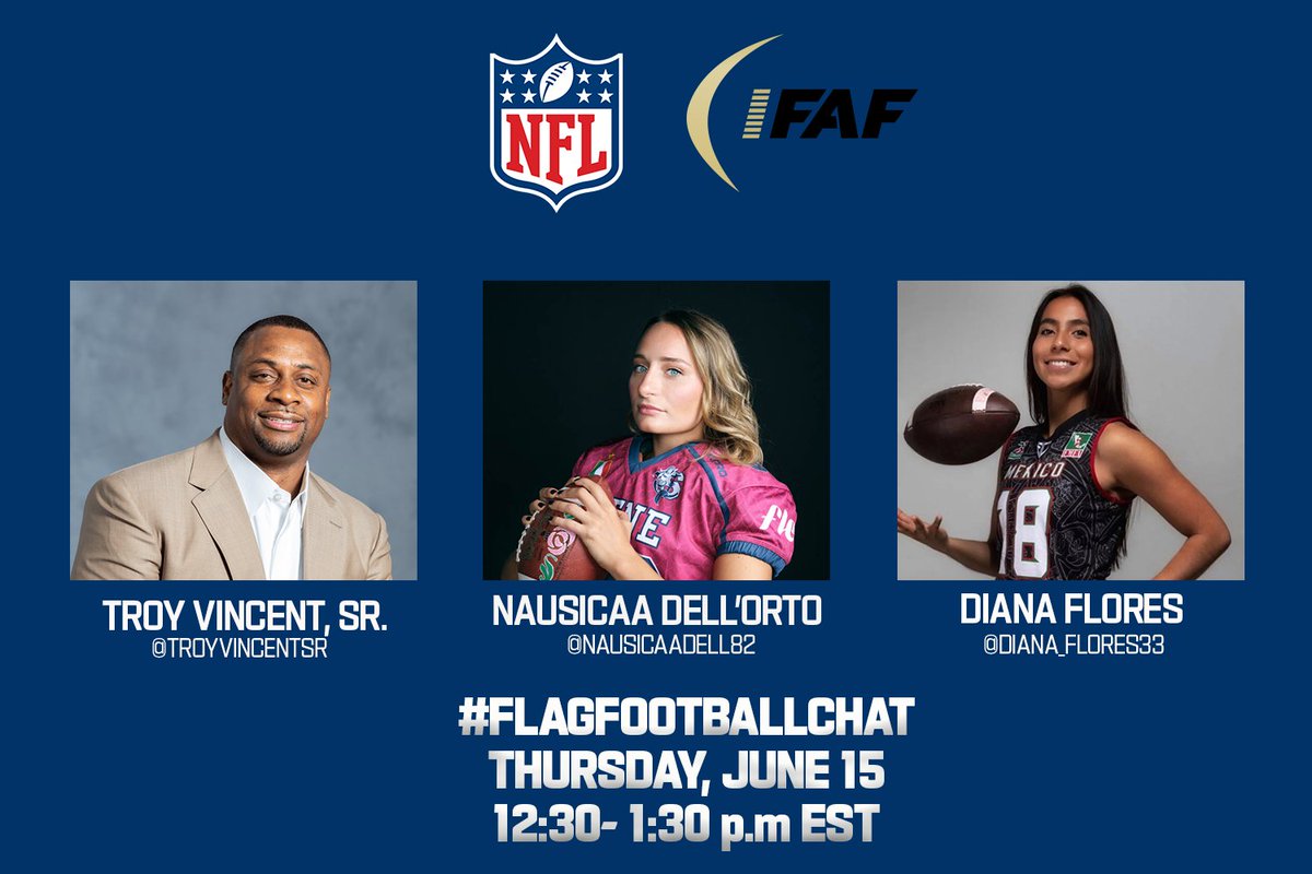 Welcome to today’s #FlagFootballChat with star athletes @Diana_Flores33 and @Nausicaadell82. We’ll talk about the growth and future of the sport as it expands across the world. #FlagFootballChat