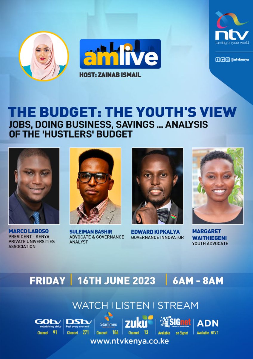 |:| #ProgressPower |:|

We have a date! 

Tune in tomorrow and be part of the youth-lense analysis of the 2023 Kenya Budget. Let's make our voices heard.  Tuzidi Mbele Pamoja! 🗣️💪

#AMLive with @zeynabIsmail, @ntvkenya

#Budget2023KE
#FinanceBill2023