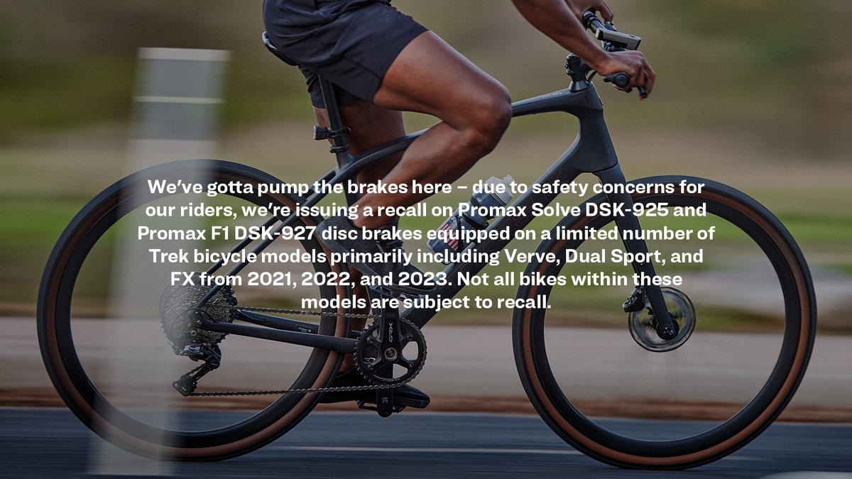 Recall announcement regarding Promax brakes: Please read the below or visit the link for complete details. To see if your bike is affected, give us a call at 1-800-373-4594 or click the link and enter your serial number. 

Complete recall details: trek.bike/PromaxRecall