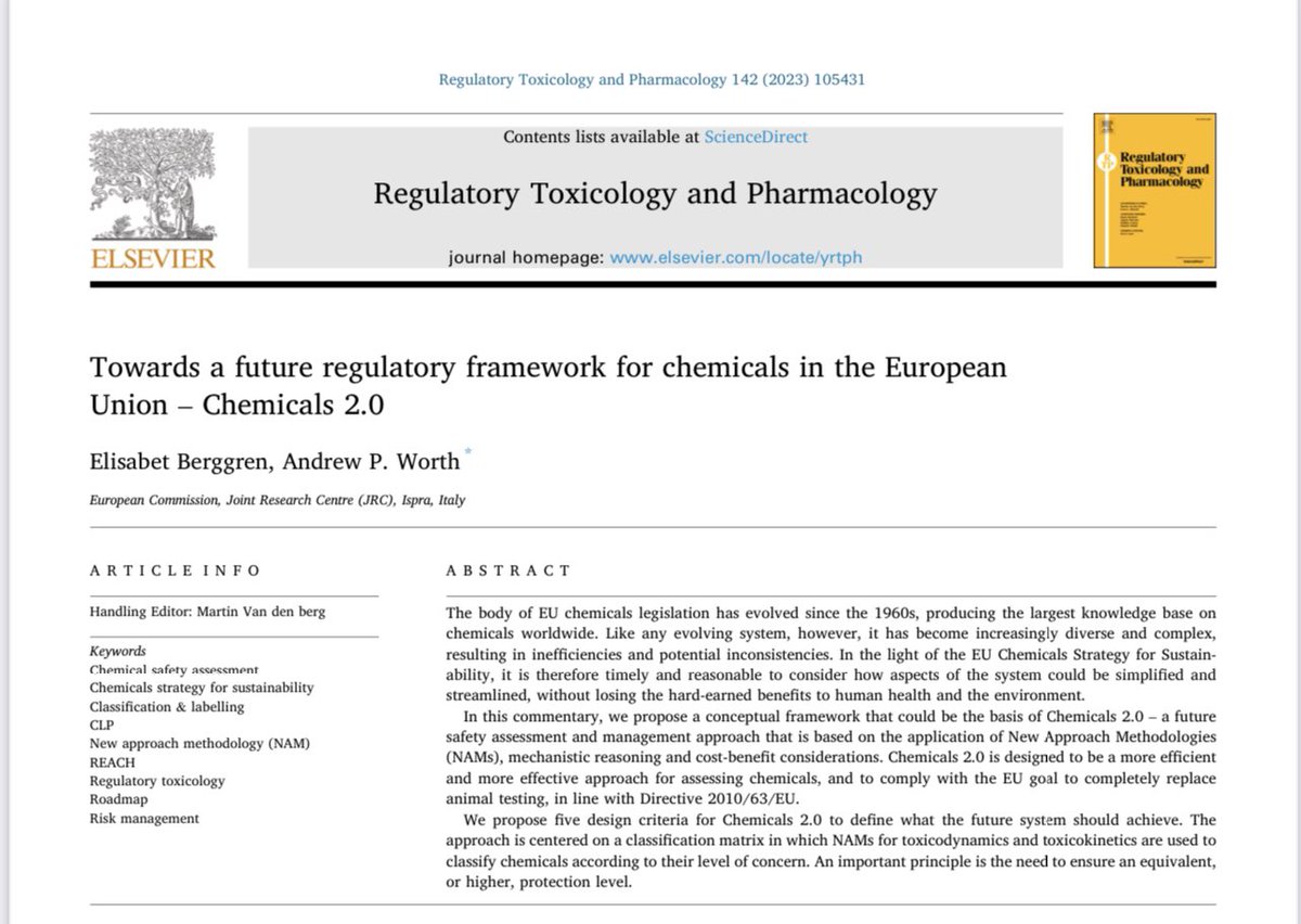 Excellent new publication from Elisabet Berggren & Andrew Worth at JRC EURL-ECVAM - Towards a future regulatory framework for chemicals in the European Union - Chemicals 2.0 - lnkd.in/eX9QA66v