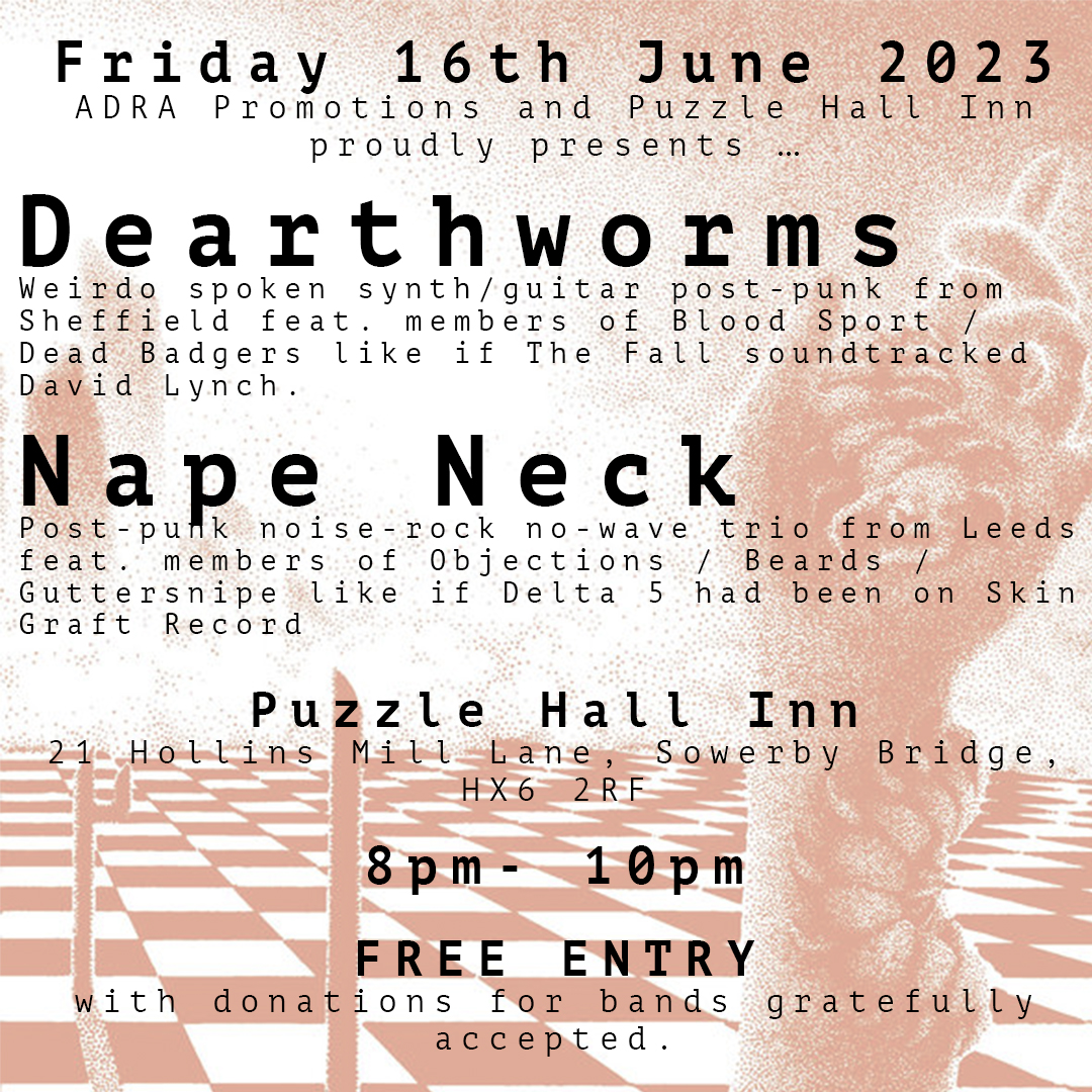 Friday night @puzzlehallinn Sowerby Bridge post-punk and psych-garage from Nape Neck of Leeds and Dearthworms of Sheffield. Free entry with donations for bands gratefully accepted.