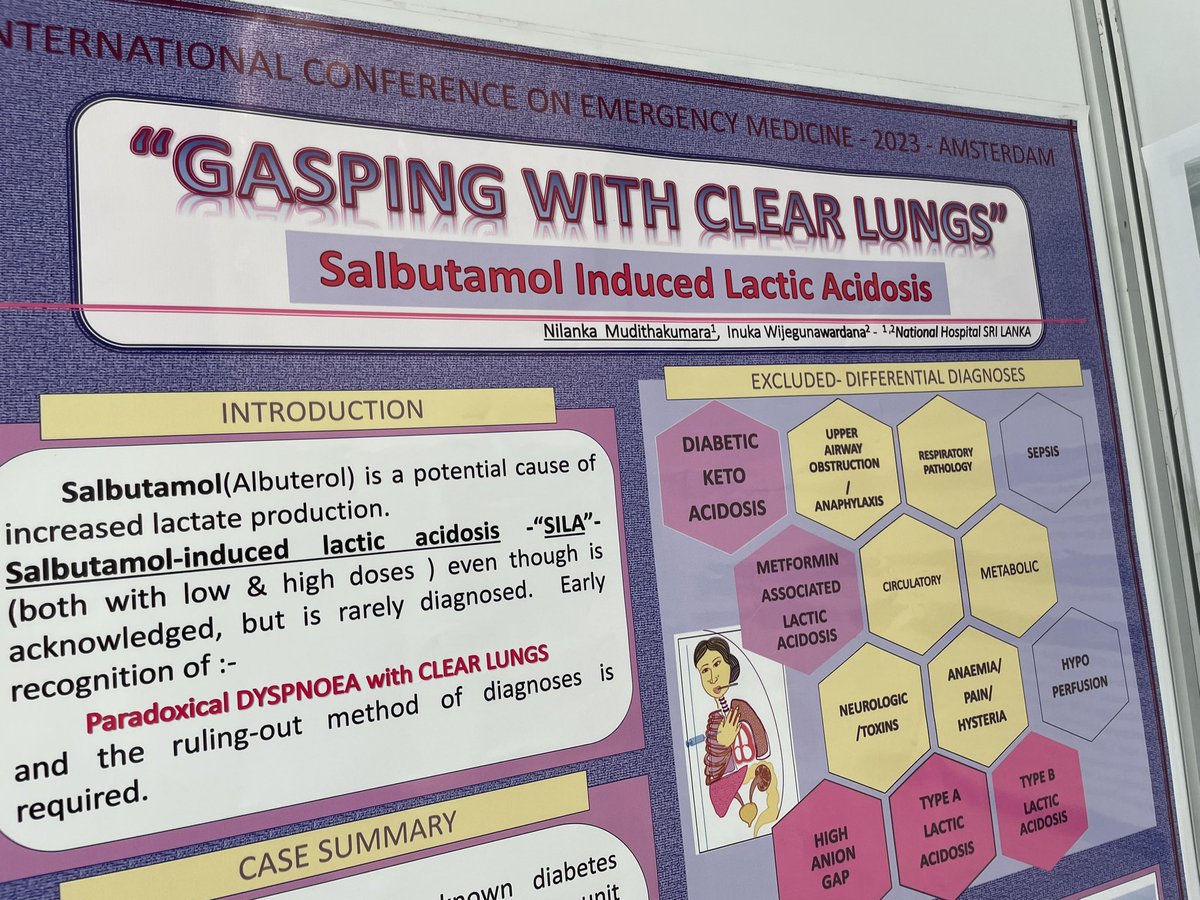 Poster at #ICEM2023 new for me - Salbutamol associated lactic acidosis. Asthmatic patient increasingly breathless, lots salbutamol given. High lactate , no wheeze, normal/high pH.
Easy mistake clinically = worse asthma leading to more salbutamol. Treat = stop salbutamol. @ ICEM23