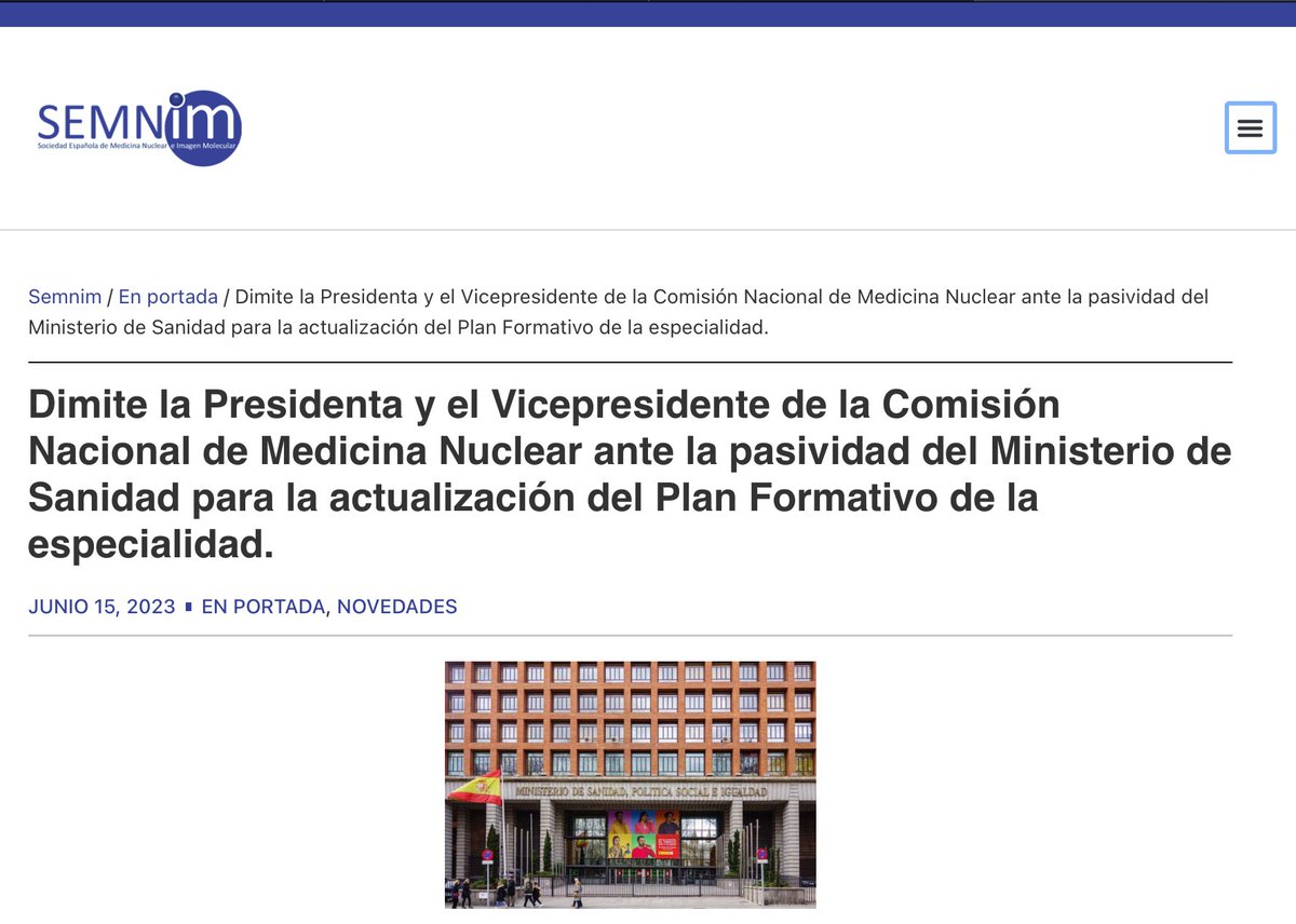 Dimite  Presidenta y Vicepresidente de la Comisión Nacional de Medicina Nuclear ante la pasividad del
<a href="/sanidadgob/">Ministerio de Sanidad</a> para la actualización del más que obsoleto Plan Formativo de la especialidad.
<a href="/redaccionmedica/">Redacción Médica</a>
@Consalud_es
<a href="/diariomedico/">Diario Médico</a>
<a href="/GacetaMedicaCom/">Gaceta Médica</a>
n9.cl/igd8ze