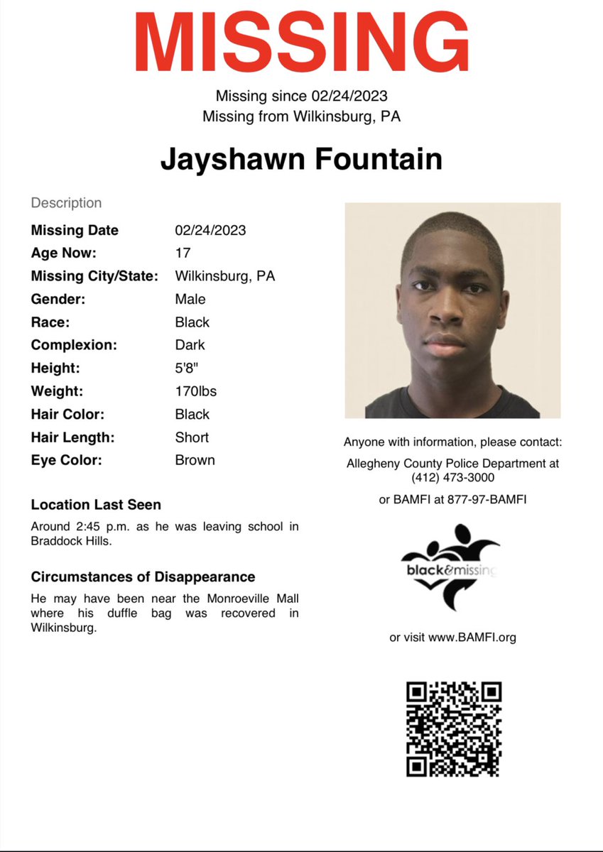 Wilkinsburg, PA: 17 y/o Jayshawn Fountain was last seen on February 24th around 2:45pm leaving school in Braddock Hills. He was last seen wearing a green jacket with fur around the hood &amp; orange accents, with a Propel school uniform. #HelpUsFindUs #JayshawnFountain