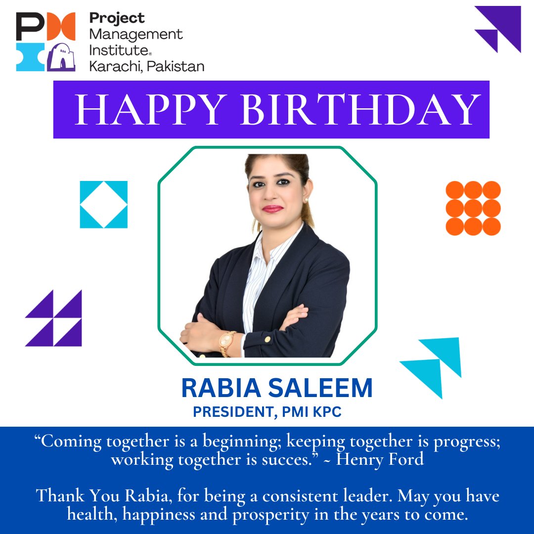Happy Birthday to Rabia Saleem Rao, President, PMIKPC! We wish you the best in many more years to come.

#pmi #PMIKPC #birthdaycelebrations #celebratingtogether #happiness #dreamteam #membership