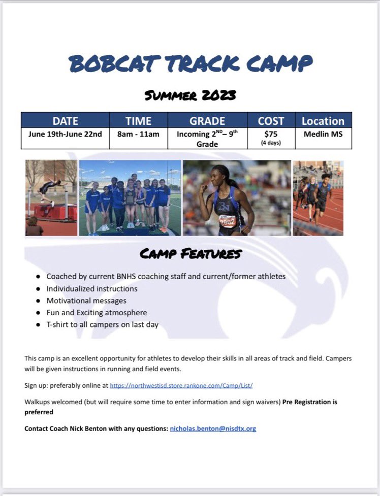 Byron Nelson CC/Track (@byroncc_track) on Twitter photo Bobcat Track Camp is on Monday! See information below👇<a href="/NISDAthletics/">NISD Athletics</a> <a href="/NorthwestISD/">Northwest ISD</a> <a href="/ByronNelsonHigh/">Byron Nelson HS</a> <a href="/MedlinMS/">Medlin Middle School</a> <a href="/Tidwell_MS/">John Tidwell M.S.</a> Bobcat Track Camp is on Monday! See information below👇<a href="/NISDAthletics/">NISD Athletics</a> <a href="/NorthwestISD/">Northwest ISD</a> <a href="/ByronNelsonHigh/">Byron Nelson HS</a> <a href="/MedlinMS/">Medlin Middle School</a> <a href="/Tidwell_MS/">John Tidwell M.S.</a>