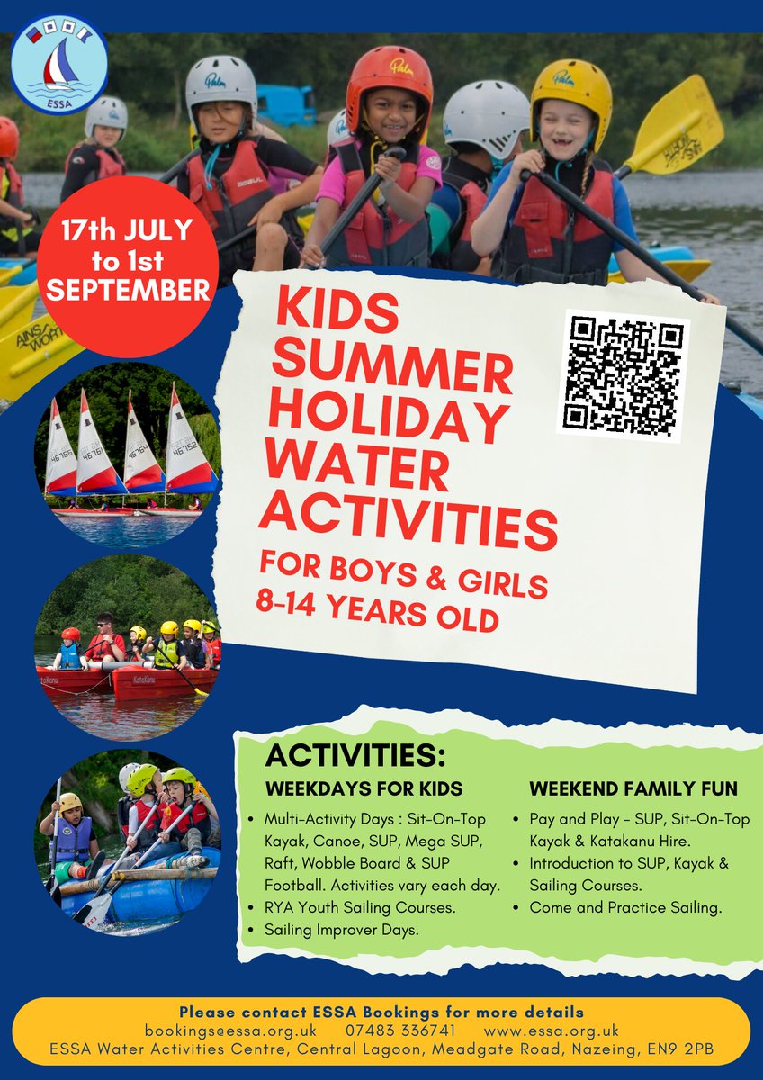 SUMMER ACTIVITIES PROGRAMME 
17 JULY - 1 SEPTEMBER
We have an exciting programme lined up for you. See our website for full details and to book
essa.org.uk
#SummerActivities #wateractivities #paddlesports #sailing #SUP #StandUpPaddleboards #Hertfordshire #Essex #Cambs