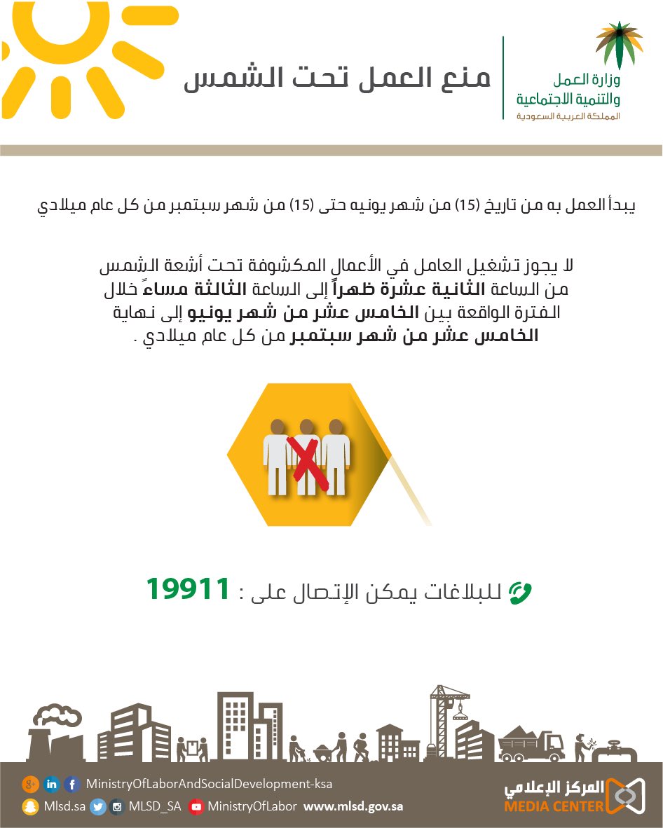 🔺⚠️عاجـــــــل⚠️🔺

يدخل اليوم قرار منع العمل تحت أشعة الشمس حيز التنفيذ، ومخالفة هذا القرار يعرض صاحب العمل لعقوبات بحسب القرار الوزاري رقم٣٣٣٧.

**(للإبلاغ عن الحالات المخالفة: الإتصال بـ 19911)

#السعودية #الرياض #السلامة #وزارة_الموارد_البشرية #العمل_تحت_أشعة_الشمس