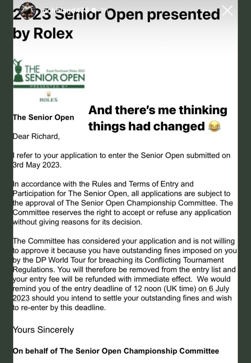 The Senior’s Open Championship Committee, rejected Richard Bland’s application to play Royal Porthcawl, because of ‘outstanding fines’ from the DPWT, that were applied after he’d resigned membership. So much for ‘unification’ of the sport! 🤦‍♂️

Has anyone else received this email?