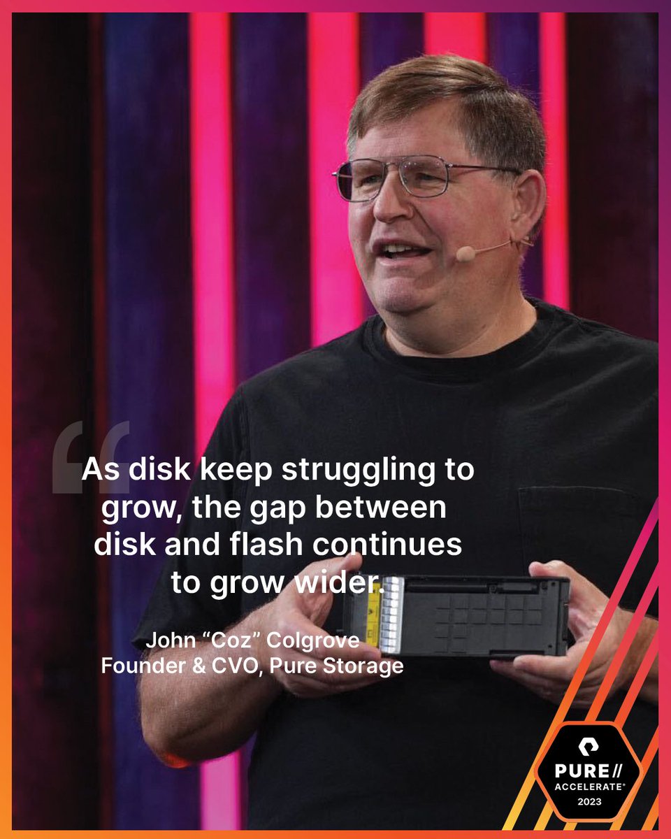 EverpureData's tweet photo. From the man who's "busy trying to rid the world of burning rust," our Founder and CVO, John "Coz" Colgrove shared why disk is nearing its end and flash is taking over, today at Pure//Accelerate 2023. https://t.co/u4CvFGMSmY

#PureAccelerate #PureStorage #data #DataStorage #PSTG https://t.co/Sjh4QOpeZZ