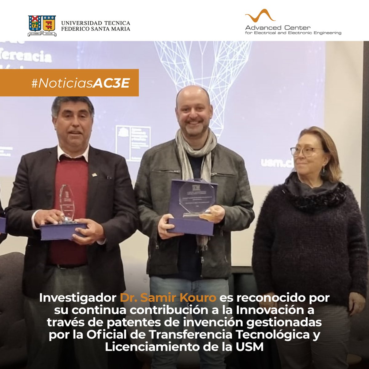 Investigador <a href="/AC3E_cl/">AC3E</a> Dr. <a href="/samir_kouro/">Samir Kouro</a> fue reconocido por la <a href="/ottl_usm/">OTTL USM</a> gracias a su continua generación de patentes de invención en tecnologías para #energíafotovoltaica, almacenamiento en #baterías, producción de #hidrógenoverde y carga de #vehículoseléctricos ¡Felicidades!