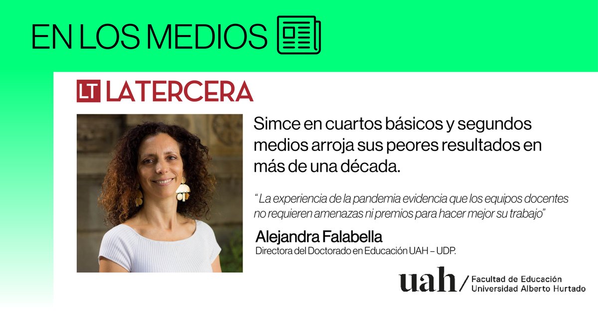 educacionuah's tweet photo. #Enlosmedios 📰 Alejandra Falabella, académica de la FED, expresó su opinión en el Diario La Tercera sobre las considerables bajas en los resultados del Simce, en comparación con los del 2018. 💬 Revisen el detalle en el link: https://t.co/EcngjiWD3S 👀 https://t.co/Gtwe7Ekjdl