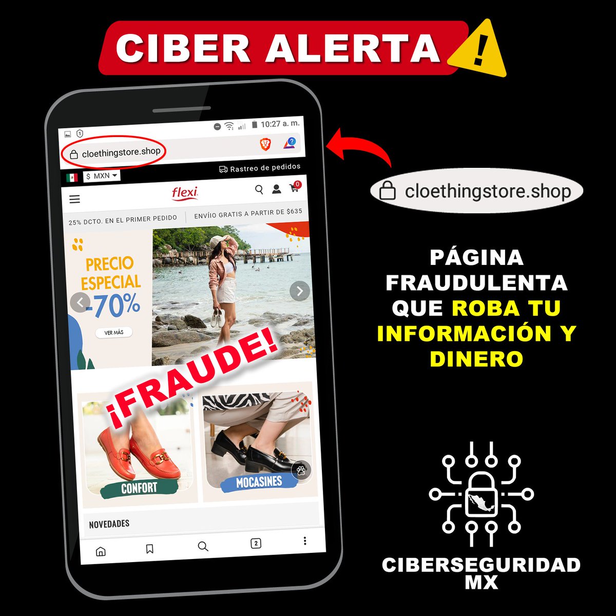MexicoCiber's tweet photo. 🚧🚨¡CIBERALERTA!🚨🚧
Cibercriminales están robando datos personales y bancarios de tarjetas de crédito y debito con anuncios pagados en redes sociales, suplantando a la marca @flexi , te mandaran a la página falsa www(.)cloethingstore(.)shop.
¡NO DES CLIC Y NO DES INFORMACIÓN! https://t.co/r3s7XnMoY2