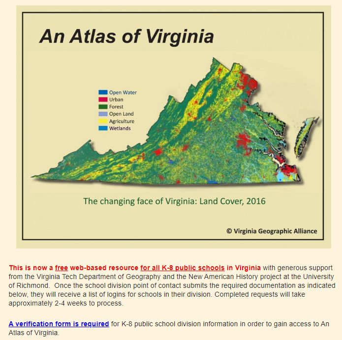 VA_Partners4Edu's tweet image. FREE RESOURCES!

VA Geographic Alliance subscriptions to An Atlas of Virginia digital edition &amp;amp; the Teachers’ Guide are available FREE for VA public schools serving K-8 students.

Details: php.radford.edu/~vga/?p=11169 

Thanks to support from VT Dept. of Geography &amp;amp; @NewAmericanHist!
