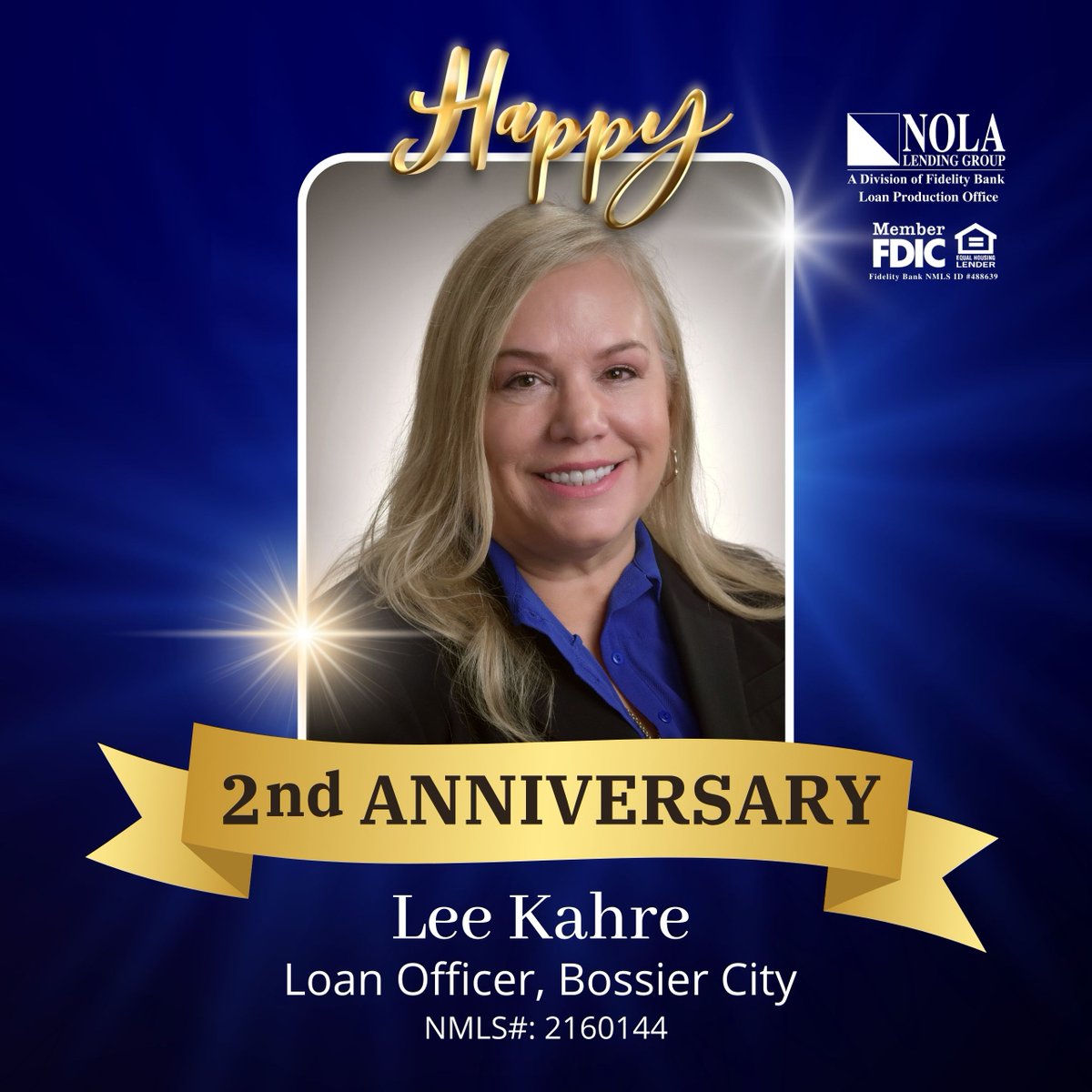 🎉 It's your day, Lee! Join us in wishing a happy 2nd Anniversary to #NOLALendingGroup Bossier City Loan Officer - Lee Kahre! Thank you for always being #HereForGood.