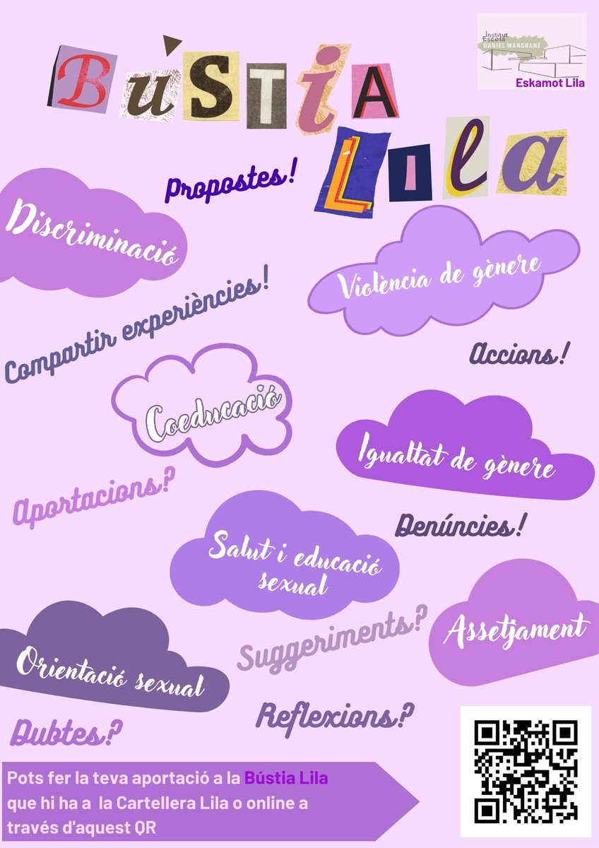 IEDMangrane's tweet photo. Amb la col.laboració de l'Eskamot Lila💜, la Comissió de Coeducació posem en marxa la Bústia Lila 📬per donar veu 📢a totes les inquietuds❔de la comunitat educativa en l'àmbit de la coeducació⚧🌈 amb la voluntat de poder donar resposta i oferir acompanyament. https://t.co/UQkNDnvkn3