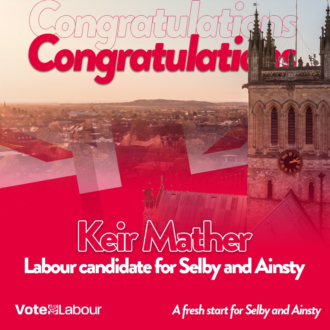Congratulations Keir Mather, Labour’s candidate for Selby and Ainsty.

People here have been badly let down by a Conservative Party mired in its own chaos and failing to deliver.

Keir will be a strong local voice and the fresh start that the people of Selby and Ainsty deserve.