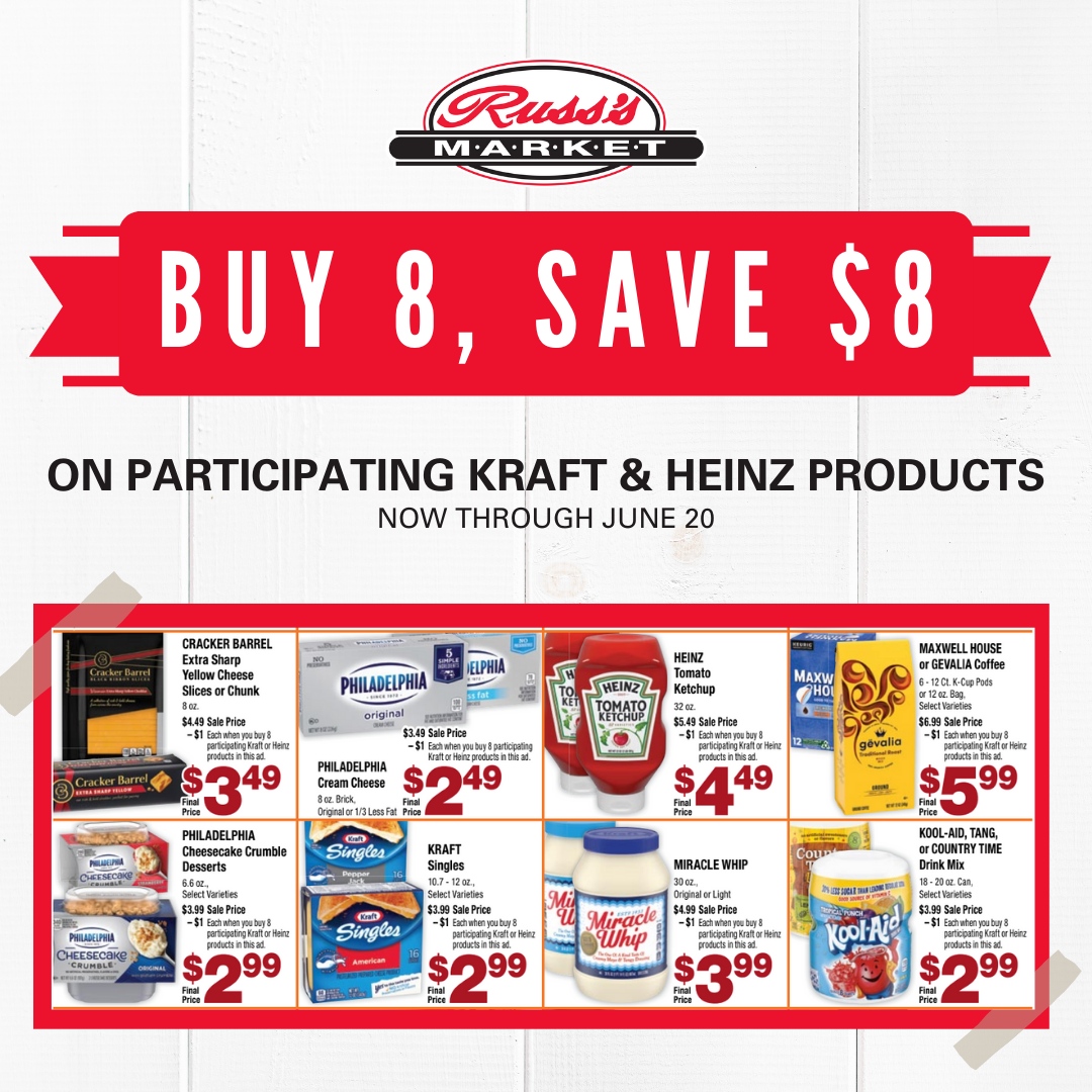 RussMarket's tweet photo. Pack your pantry with your favorite Kraft and Heinz products this week during our Buy 8, Save $8 Sale! View more at https://t.co/xGuESqiaTq.
#LocalGrocery #LocalGrocer #LocalGroceryStore #ShopLocal #RealLocal #russmarket #GrocerySavings #GroceryCoupon #Coupons https://t.co/eTaVeCjZK3