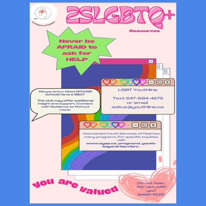 Do you know any 2SLGBTQ+ students who might be in need of support? Please share. We thank the #DPCDSB #StudentMHWBChampions for reminding us of our commitment to ensure we are creating loving and safe spaces for all. #4studentsbystudents