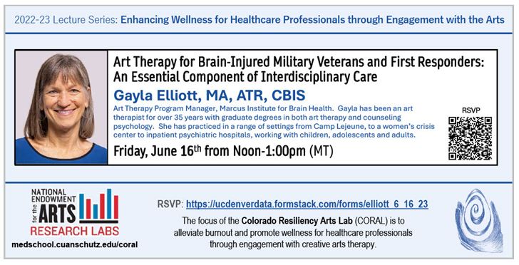 This Friday one of our own Art Therapists Gayla will be presenting on: 

"Art Therapy for Brain-Injured Military Veterans and First Responders: An Essential Component of Interdisciplinary Care"! 

RSVP @ ucdenverdata.formstack.com/forms/elliott_…

#arttherapy #TBI #PTSD #veterans #firstresponders