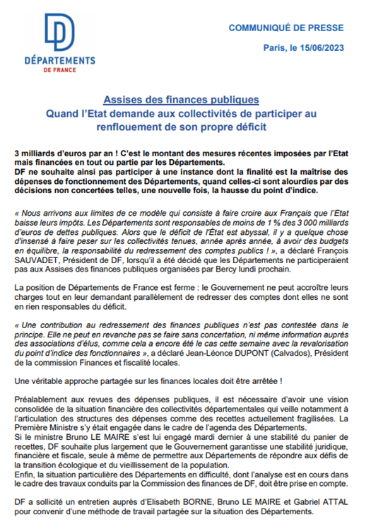 Les #Départements sont responsables de moins de 1 % des 3 000 milliards d’euros de dettes publiques. Alors que le déficit de l'État est abyssal, il est insensé à faire peser sur les collectivités  la responsabilité du redressement des comptes publics ! Cc. <a href="/Economie_Gouv/">Ministère de l'Économie et des Finances</a>