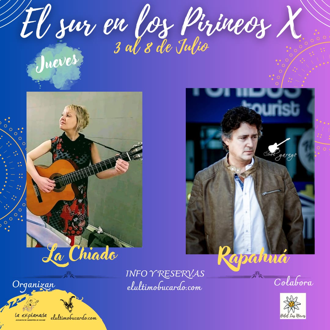 El jueves 6 de Julio en el X Sur en los Pirineos, nos acompañarán la voz incondible ('sic' de laCM 🤭) de La Chiado, y, por primera vez en Linás, Rafa de Juan con su proyecto Rapahuá. Te lo vas a perder? #XSurenlospiri
