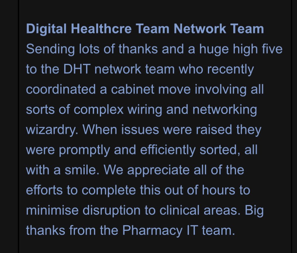 WUTHpharmacy's tweet photo. We think the ‘staff shout out’ as part of @WUTHstaff comms is a great way to celebrate teams and individuals going the extra mile.
This week our Pharmacy IT team sent their thanks with this lovely message for our Digital Healthcare Networks Team 🙌🏻 #WorkingTogether #StaffShoutOut https://t.co/68pxQIa6JW