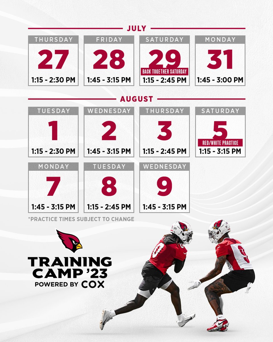 AZCardinals's tweet photo. The season starts here. 

Our official open practice schedule for Training Camp '23⬇️ https://t.co/uyx8TAm6oZ