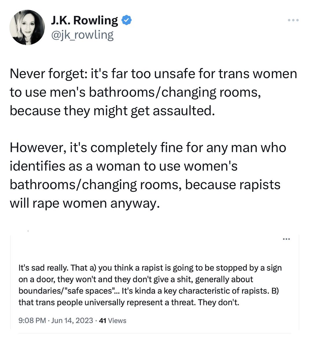 JK Rowling’s ever so close to understanding that the real issue here isn’t trans people, but abusive cis men.  
Trans women &amp; cis women both suffer at the hands of patriarchy. Forcing trans women into men’s spaces solves nothing.