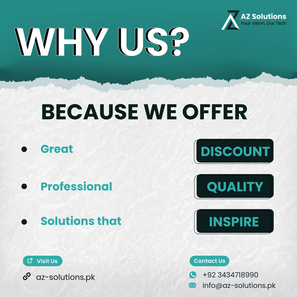Experience with our exclusive discounts on high-quality solutions, exceed expectations, and guarantee your satisfaction.

#azsolutions #inspiresuccess #experiencematters #ExclusiveDiscounts #highqualitysolutions #satisfy