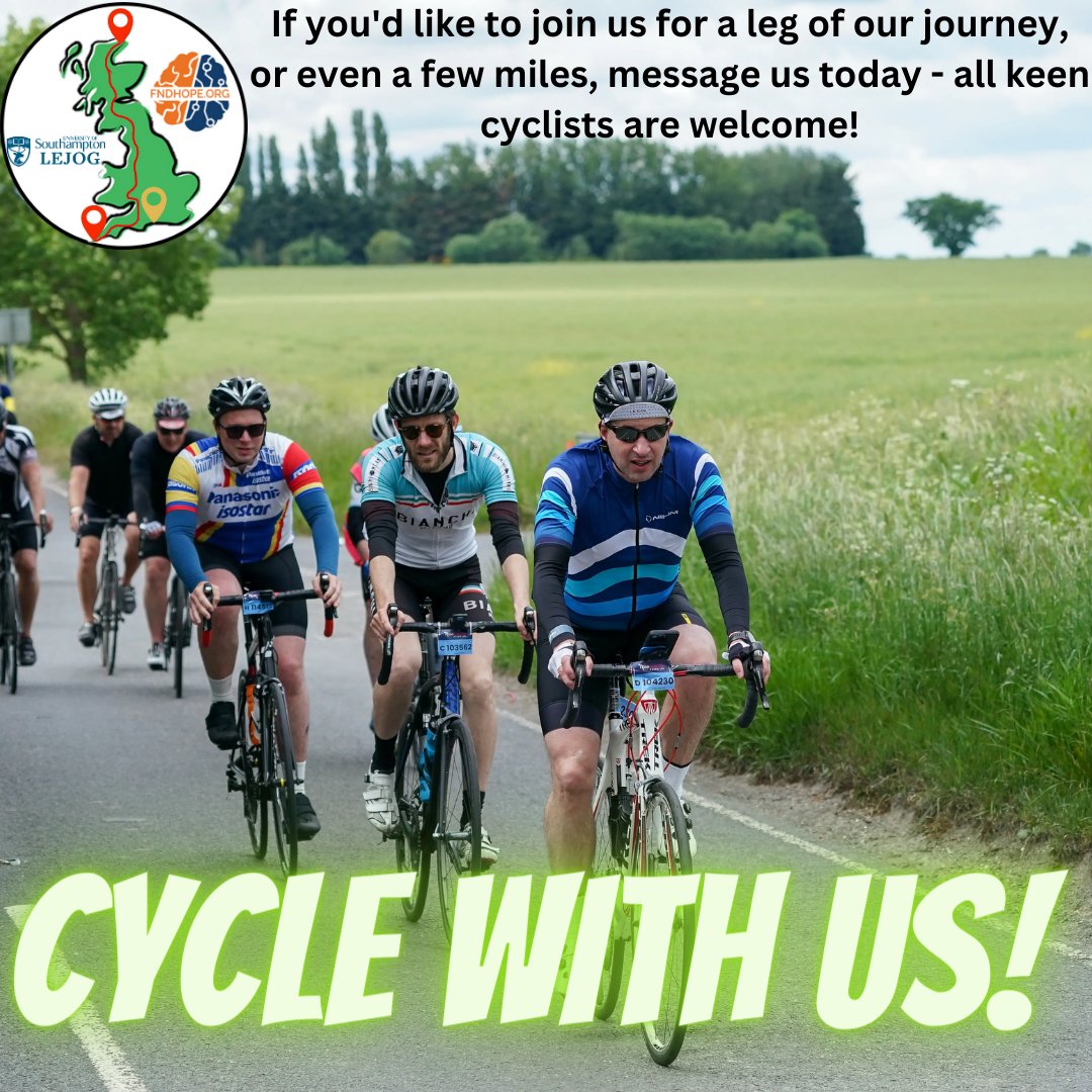 Cycle with us! If you're a keen cyclist and you or your club would like to join us for a leg or a section of LEJOG, message us today! Full itinerary can be found on our website. 
sotonlejog.uk/soton-lejog-it… #lejog #cyclewithus #cyclingcommunity #cycling #sotonlejog #JoinUs @FNDHopeUK