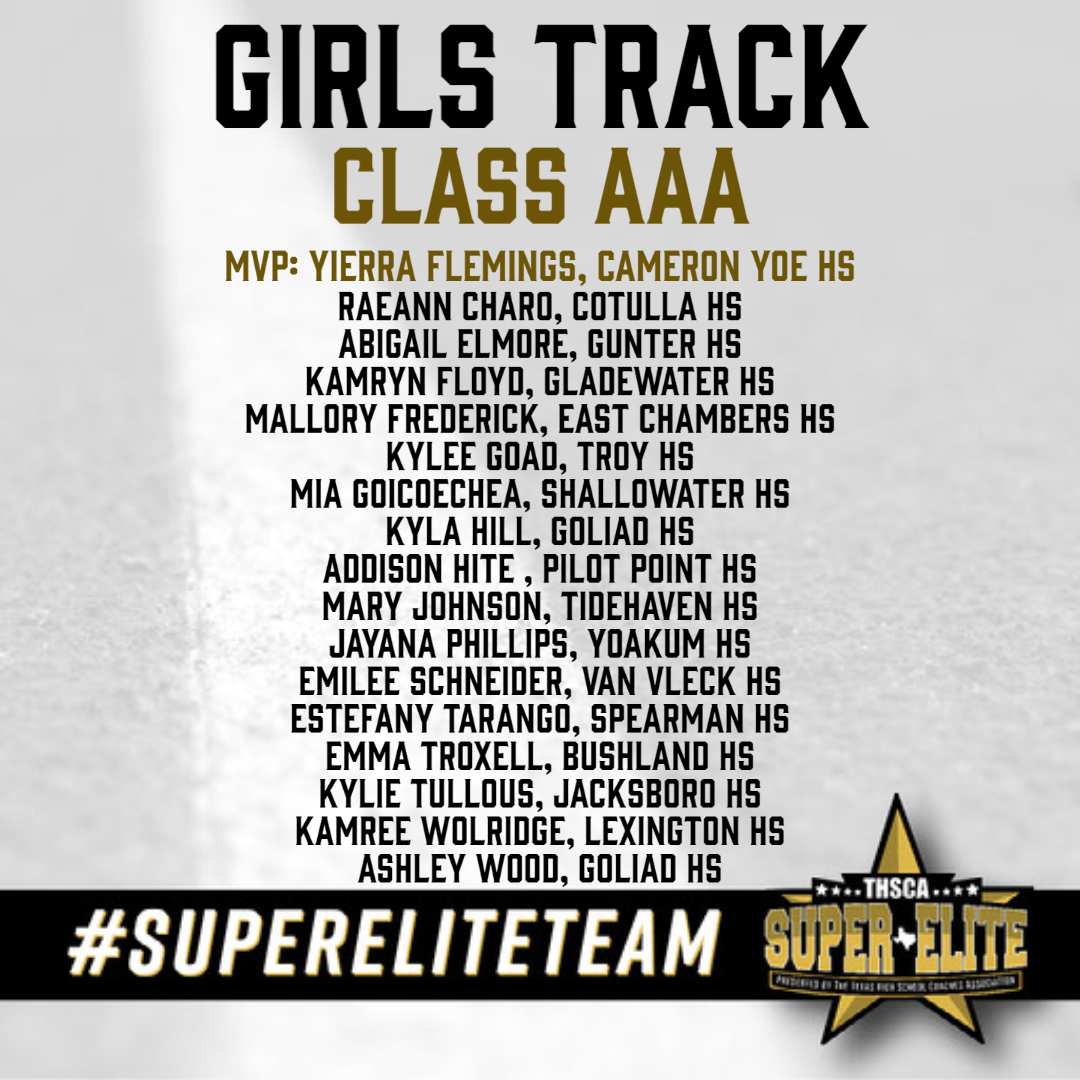 Congratulations to the THSCA 3A Girls Track #SuperEliteTeam!👟 Your outstanding performance and dedication have earned you this statewide recognition!👏 thsca.com/super-elite-te… @yierra2fast @LadyYoeTrack @raeanncharo @abby_elmore2 @GunterTrack @FloydKamryn @GladewaterAth