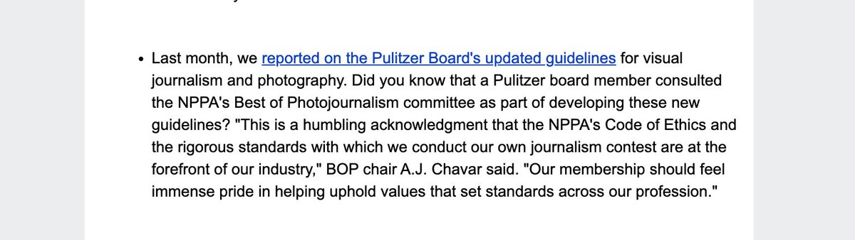 Very cool to share that we at <a href="/NPPA/">NPPA</a> BOP are setting the ethical standards in visual journalism such that the Pulitzer board reached out to us for guidance on their rules: