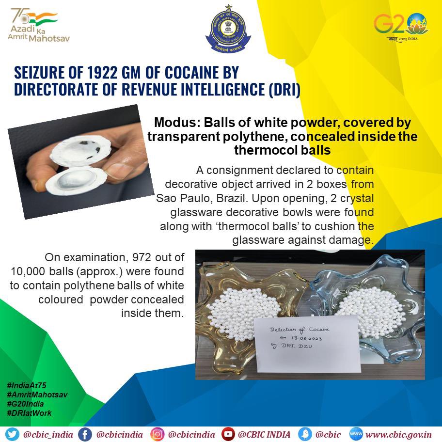 cbic_india's tweet photo. DRI seized 1922 gms of Cocaine at New Courier Terminal, Delhi valued at Rs 26.5 crores, which arrived from Sao Paulo, Brazil . A unique modus of concealmnent of contraband inside thermocol balls used to cushion decorative glassware was unearthed. 

Read 👉 https://t.co/WKtAZxXSXC https://t.co/8wviitI6vJ