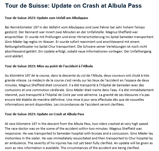 Tour de Suisse (@tds) on Twitter photo Official Statement from TdS Organisation regarding the crashes of <a href="/maedergino/">Gino Mäder</a> and <a href="/MagnusSheffield/">Magnus Sheffield</a>
We wish both of them all the best!!
.
<a href="/BHRVictorious/">Team Bahrain Victorious</a> <a href="/INEOSGrenadiers/">INEOS Grenadiers</a> Official Statement from TdS Organisation regarding the crashes of <a href="/maedergino/">Gino Mäder</a> and <a href="/MagnusSheffield/">Magnus Sheffield</a>
We wish both of them all the best!!
.
<a href="/BHRVictorious/">Team Bahrain Victorious</a> <a href="/INEOSGrenadiers/">INEOS Grenadiers</a>