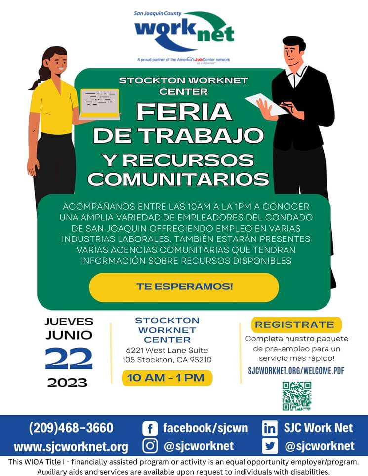 Join us Thursday, 6/22/2023 at our Stockton Center for a job and resource fair with employers from various industries in San Joaquin County and community resource agencies.
🗓 6/22/2023
📍 6221 West Lane Suite 105 Stockton, CA 95210
⏰ 10:00 AM - 1:00 PM
sjcworknet.org