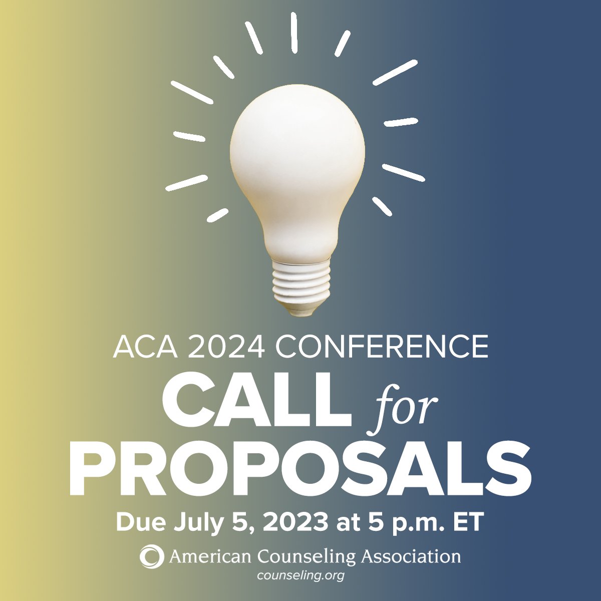 ACACounselors's tweet photo. Calling all 2024 ACA Conference presenters! Submit your session ideas for the ACA Conference &amp; Expo next year in New Orleans, LA. Proposals need to be submitted by July 5th at 5 p.m. ET! #Counseling2024

More info: https://t.co/9t4OnFhzSs https://t.co/1fKJBcEuSC