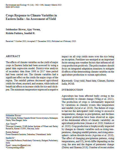 Sendhil_Ramadas's tweet photo. Our paper on "Crops Response to Climate Variables in Eastern India: An Assessment of Yield" published in Environment and Ecology is available via @ResearchGate
https://t.co/XHYQ6QT0Ke
#PanelData @EmpiricalIndia #PanelRegression #FixedEffects https://t.co/H0yivlbc1X