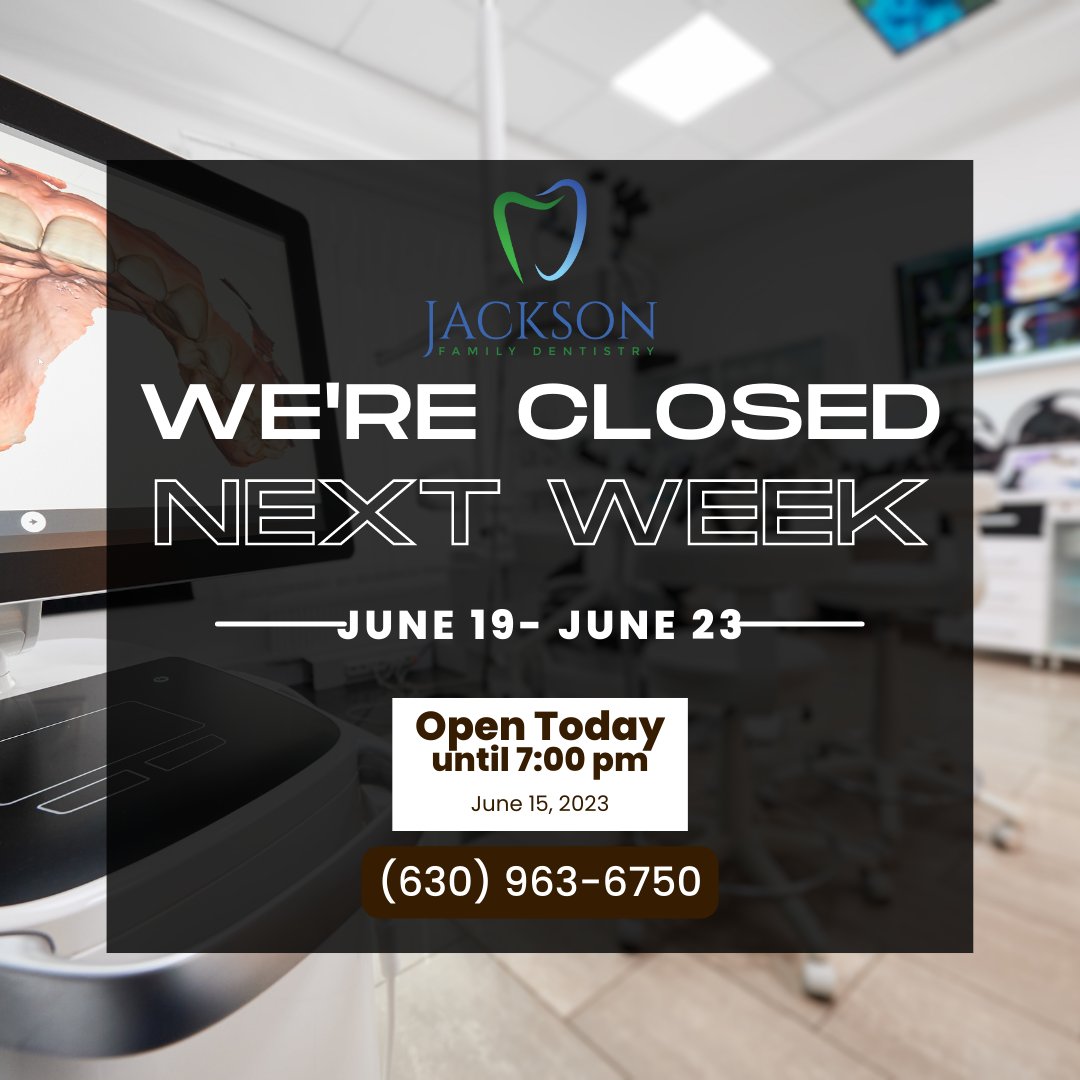 EJacksonDDS's tweet photo. Our office will be closed next week (June 19 – June 23). We are in the office until 7 pm today, don't let dental issues wait. Give us a call today. (630) 963-6750.

We will be back @ 7:30 am Monday, June 26.

#DownersGrove #Dentist #DoNotWait #Toothache #TeamSummer #Smile https://t.co/lb9Bu6BKbI