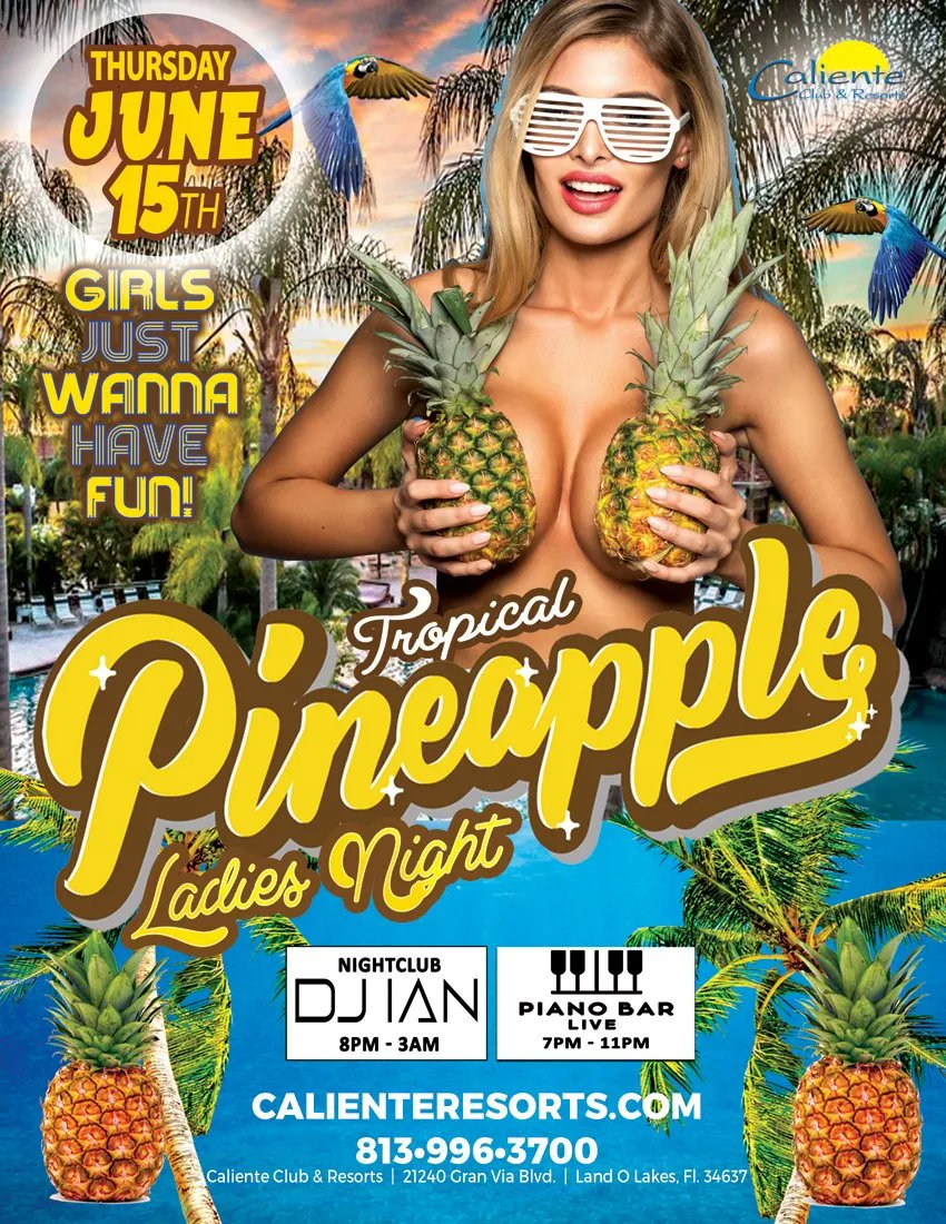 Our regular scheduled ladies' night is interrupted and replaced with something a bit more tropical and juicy! 🍍 Tonight it's a Tropical Pineapple Ladies' Night. Girls just wanna have fun and we know how to help. 😉 

#itsacalientething #ladiesnight #thursdayvibes