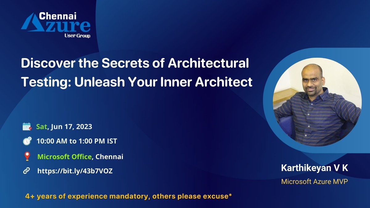 Join  @karthik3030 to learn about 'Discover the Secrets of Architectural Testing: Unleash Your Inner Architect'

Register Here:events.xmonkeys360.com/KarthikeyanVK

#software #developerroadahead #softwarearchitecture #developer #testing #technology #architects #softwarearchitect