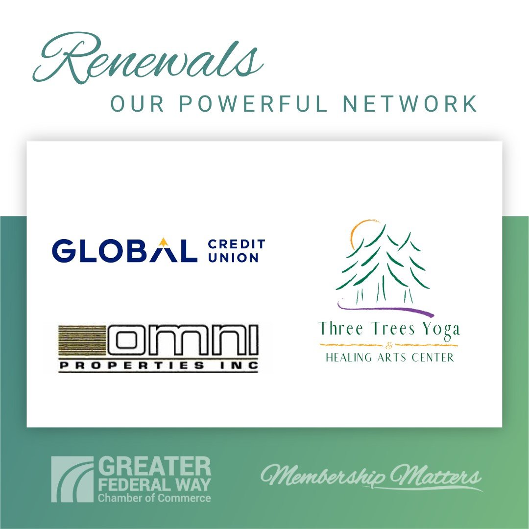 🌀🎉 Another successful year of Membership with this week's renewing Members! Thank you to Omni Properties, Global Federal Credit Union and Three Trees Yoga. 
#membershipmatters #takethefederalway #voiceofbusiness #shopchamber #growyourbusiness #fedwaychamber  #greaterfederalway