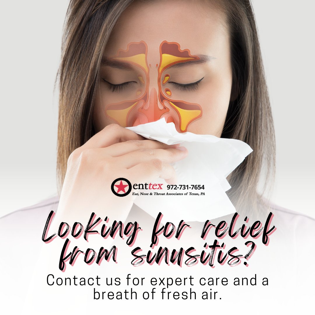 ENT_TEX's tweet photo. Suffering from sinusitis? You don't have to suffer in silence. At ENT TEX, our team of experts can help you find the relief you need to breathe easy again. Contact us today to schedule a consultation. 

📞 972-731-7654
🌐 https://t.co/Vs1iUcVDar https://t.co/GqR8gAHtS4