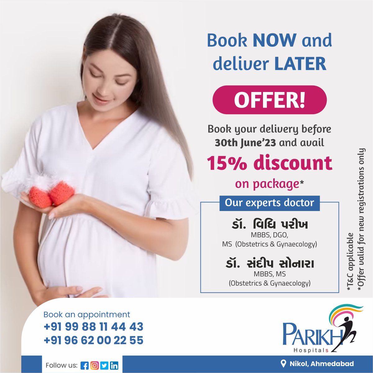 Book Now and deliver Later Book your delivery before 30th June 2023 and avail 15% discount on package* *T&C Applicable *Offer valid for new registrations only Book an appointment +91 99 88 11 44 43 / +91 96 62 00 22 55 #ParikhHospitals #nikol #offer #ivfpackage #gyneccare