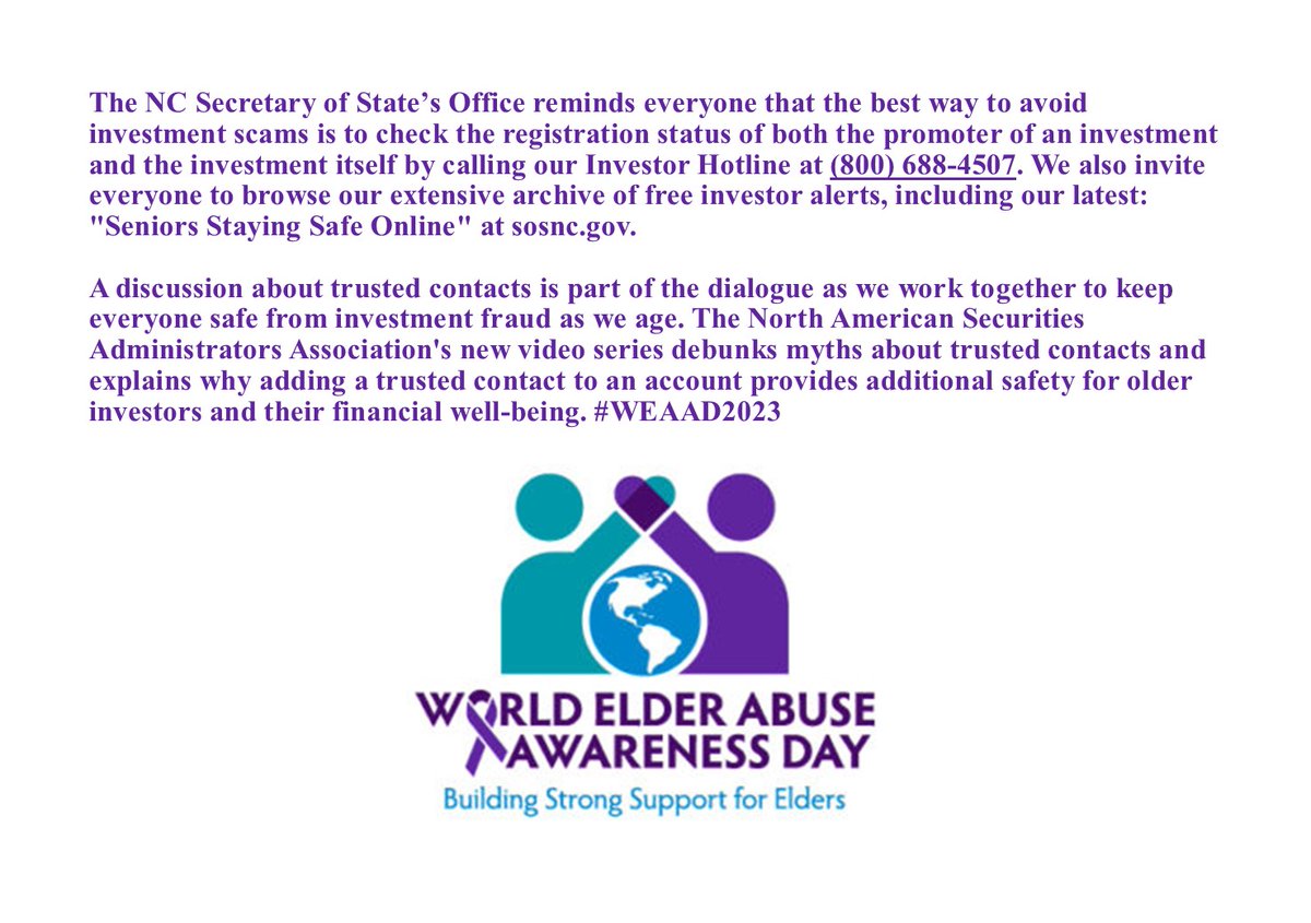 As we mark World Elder Abuse Awareness Day, we invite everyone to browse our archive of investor alerts, including our latest: "Seniors Staying Safe Online" at bit.ly/3Pnk9jI. Also check out NASAA's series on trusted contacts at bit.ly/443UUak. #WEAAD2023