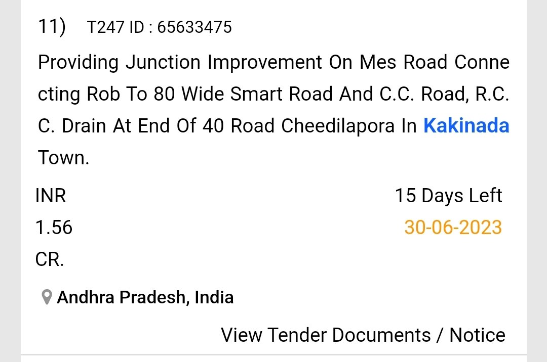 Tenders are Floated To develop Jn Improvement on Mes Road connecting Rob To 80 Wide Smart road 
Tender Valve 1.56 Crs