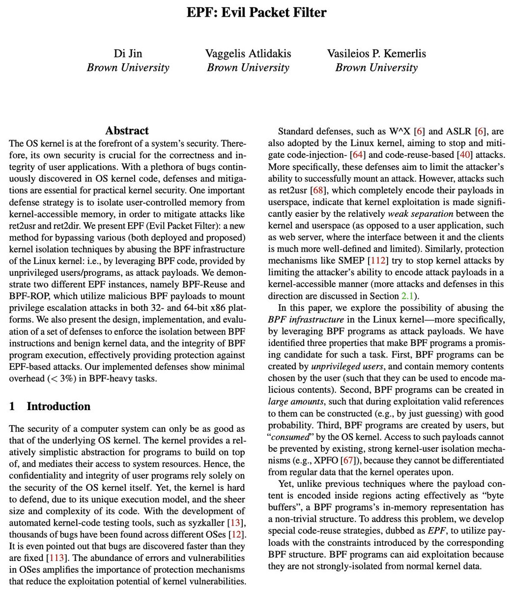 vkemerlis's tweet photo. 📢 Our work on abusing/hardening the #Linux BPF interpreter for/against kernel exploitation has been accepted at the 2023 @usenix Annual Technical Conference (USENIX ATC)! Joint work with @di_jin42  and @Vatlidak | https://t.co/LzQ2wXFVDp | #epf #cbpf #ebpf #bpf #atc23 #brownssl https://t.co/X3gAdOu5SC