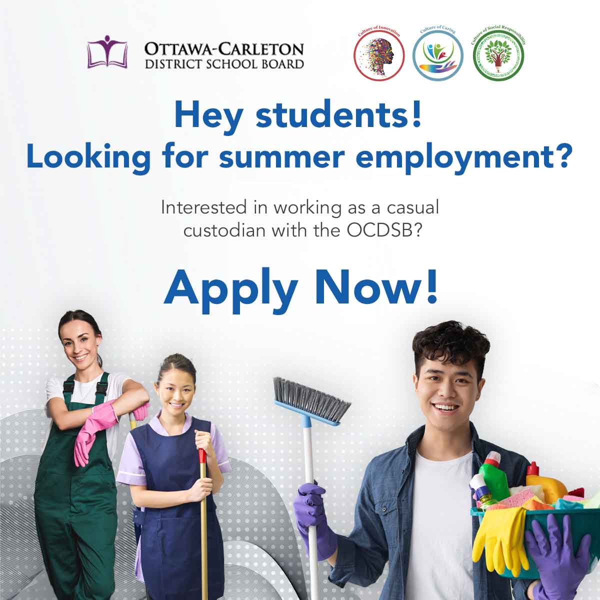 Looking for a summer job? The OCDSB is currently looking to fill the position of Casual Custodian. Learn more and apply today: ow.ly/xcGm50OOwVN