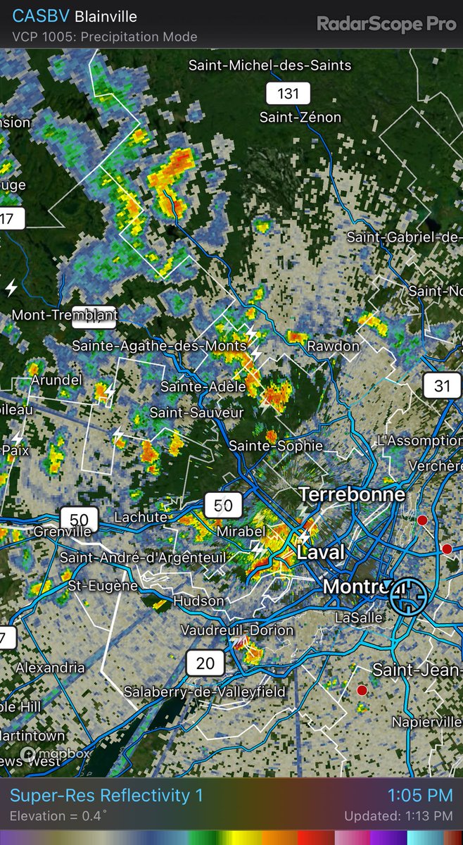 CASBV - Super-Res Reflectivity 1 1:05 PM #meteoqc orage en direction